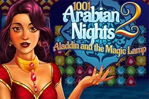 En kvinne med rød kjole og smykker står foran en bakgrunn med fargerike symboler, med teksten 1001 Arabian Nights 2 - Aladdin and the Magic Lamp ved siden av