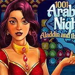 En kvinne med rød kjole og smykker står foran en bakgrunn med fargerike symboler, med teksten 1001 Arabian Nights 2 - Aladdin and the Magic Lamp ved siden av