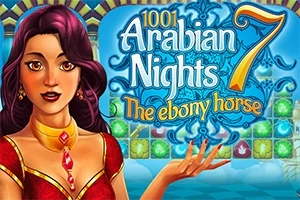 En illustrasjon av en kvinne med mørkt hår og rødt antrekk, med teksten 1001 Arabian Nights 7 The Ebony Horse i bakgrunnen sammen med fargerike fliser
