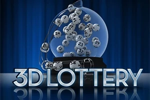 Gjennomsiktig lotteritrommel med tallkuler ovenfor teksten 3D Lottery på blå bakgrunn