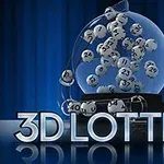 Gjennomsiktig lotteritrommel med tallkuler ovenfor teksten 3D Lottery på blå bakgrunn