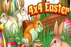 Flere kaniner og fargerike påskeegg i gresset foran en bakgrunn med trær og teksten 4x4 Easter
