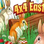 Flere kaniner og fargerike påskeegg i gresset foran en bakgrunn med trær og teksten 4x4 Easter