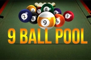 Biljardkuler i ulike farger og tall er plassert på et biljardbord med teksten 9 Ball Pool i forgrunnen