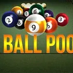 Biljardkuler i ulike farger og tall er plassert på et biljardbord med teksten 9 Ball Pool i forgrunnen
