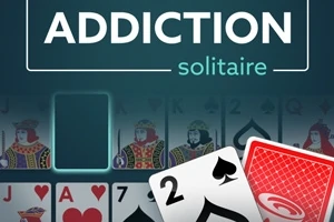 Kortspilloppsett med to highlightede kort, ruter konge og kløver to, mot en bakgrunn med flere spillkort og teksten ADDICTION solitaire