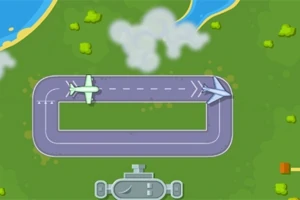 To fly over en landingsbane med to fly, omgitt av grønt landskap og vann i bakgrunnen