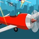 Rødt fly med propell i flukt over bysilhuett, i kamp med andre fly