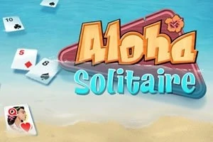 Fargerik illustrasjon med stranden i bakgrunnen, kort med nummer og symboler, samt teksten Aloha Solitaire