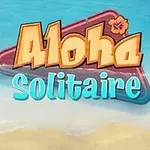 Fargerik illustrasjon med stranden i bakgrunnen, kort med nummer og symboler, samt teksten Aloha Solitaire