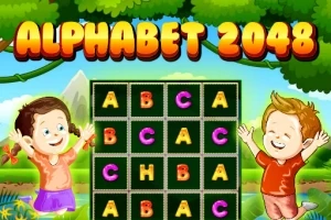 To barn står ved siden av et spillbrett med bokstaver, omringet av en grønn bakgrunn og fargerik tekst som sier ALPHABET 2048