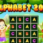 To barn står ved siden av et spillbrett med bokstaver, omringet av en grønn bakgrunn og fargerik tekst som sier ALPHABET 2048