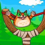 En tegnet katt med grønne øyne sitter spent i en stor sprettert mot en bakgrunn av trær og blå himmel