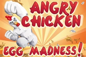 En sint, muskuløs kylling med knyttet neven foran oransje strålemønster og teksten Angry Chicken Egg Madness!
