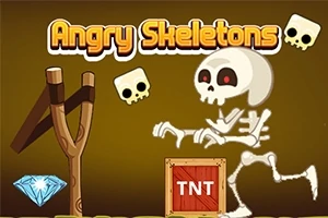 En tegnet scene med et stort skjelett, en sprettert, hodeskaller, en TNT-kasse og en blå diamant mot en brun bakgrunn