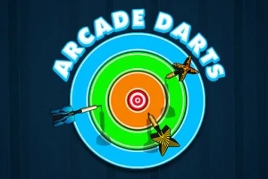 En fargerik dartskive med tre piler i forskjellige farger kastet mot den, med teksten Arcade Darts over