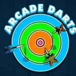 En fargerik dartskive med tre piler i forskjellige farger kastet mot den, med teksten Arcade Darts over