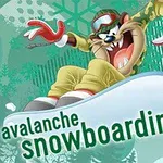 En tegneseriefigur med vinterklær og beskyttelsesbriller står på et snowboard med teksten avalanche snowboarding på et dekorativt vinterbakgrunn