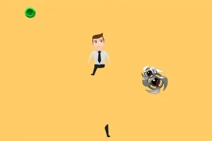 En animert figur i skjorte og slips hopper over en grå mekanisk skapning på en gul bakgrunn