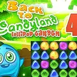Fargerik illustrasjon med en blå karakter, fargerike godteriformasjoner og teksten Back to Candyland 4 Lollipop Garden