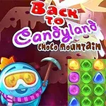 Fargerikt tegneserieaktig bilde med en blå karakter med krone og skibriller som holder en hakke, ved siden av et panel med fargerike juveler og teksten Back to Candyland Choco Mountain 5