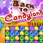 En tegneserieillustrasjon med fargerike drops, et blått smilende figur, og teksten Back to Candyland i en fantasifull landskap