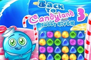 Blå animert figur med sjømannslue ved siden av et brett med fargede godteribiter og teksten Back to Candyland 3 Sweet River i bakgrunnen