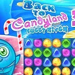 Blå animert figur med sjømannslue ved siden av et brett med fargede godteribiter og teksten Back to Candyland 3 Sweet River i bakgrunnen
