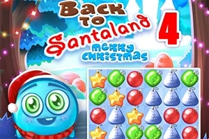 En blå figur med nisselue foran et brett fylt med julepynt som stjerner, bjeller og julekuler i forskjellige farger, med vinterlig bakgrunn og teksten Back to Santaland 4 Merry Christmas