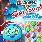 En blå figur med nisselue foran et brett fylt med julepynt som stjerner, bjeller og julekuler i forskjellige farger, med vinterlig bakgrunn og teksten Back to Santaland 4 Merry Christmas