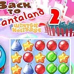 Tegningen viser en fargerik og vinterlig scene med et smilende blått ansikt iført nisselue ved siden av julestjerner, kuler, og bjeller i et rutenett med teksten Back to Santaland 2 Winter Holidays øverst