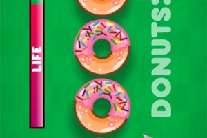 Tre donuts med rosa glasur og strøssel ligger vertikalt på grønn bakgrunn ved siden av en måler merket LIFE og teksten DONUTS!