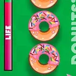 Tre donuts med rosa glasur og strøssel ligger vertikalt på grønn bakgrunn ved siden av en måler merket LIFE og teksten DONUTS!