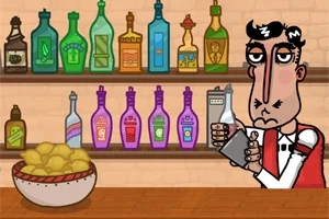 En tegneseriefigur står i en bar med flasker i ulike farger på hyller bak, og en bolle med sitroner foran