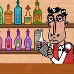 En tegneseriefigur står i en bar med flasker i ulike farger på hyller bak, og en bolle med sitroner foran