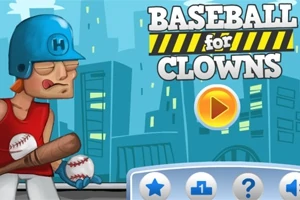 Tegnet figur med baseballhjelm og kølle foran en bakgrunn av bybygninger med teksten Baseball for Clowns