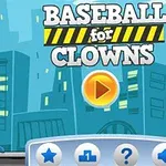 Tegnet figur med baseballhjelm og kølle foran en bakgrunn av bybygninger med teksten Baseball for Clowns
