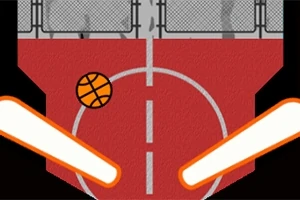 Rødt basketballbane med en basketball og to lysende elementer på hver side