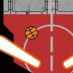 Rødt basketballbane med en basketball og to lysende elementer på hver side