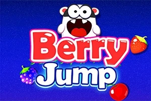 Tegneseriefigur med store øyne over teksten Berry Jump på blå bakgrunn, omgitt av diverse bær