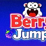 Tegneseriefigur med store øyne over teksten Berry Jump på blå bakgrunn, omgitt av diverse bær
