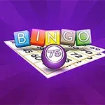 Fargerike bokstaver som staver BINGO står over et bingo-kort og en lilla ball med nummeret 75, alt på en lilla bakgrunn