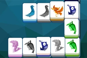 En samling av mahjong-brikker med fargerike illustrasjoner av forskjellige fugler