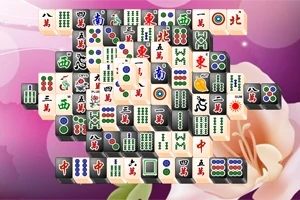 Fliser med ulike kinesiske symboler og bilder stablet i et mønster mot en lilla og rosa bakgrunn med en blomsterillustrasjon