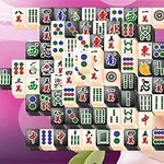 Fliser med ulike kinesiske symboler og bilder stablet i et mønster mot en lilla og rosa bakgrunn med en blomsterillustrasjon