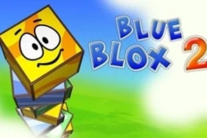 En smilende, gul firkant med øyne stablet på flere fargerike blokker foran en blå og grønn bakgrunn, med teksten Blue Blox 2 ved siden av