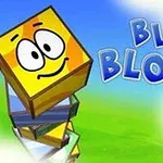 En smilende, gul firkant med øyne stablet på flere fargerike blokker foran en blå og grønn bakgrunn, med teksten Blue Blox 2 ved siden av