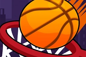 En oransje basketball er i ferd med å gå gjennom en rød basketballkurv med et lilla bylandskap i bakgrunnen