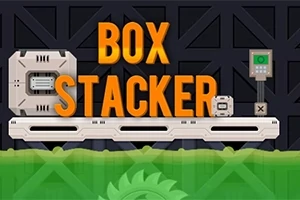 Teksten BOX STACKER vises i oransje bokstaver over en hvit plattform med to bokser og en kontrollpanel, omgitt av grønn væske og et sagblad i bunnen