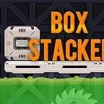 Teksten BOX STACKER vises i oransje bokstaver over en hvit plattform med to bokser og en kontrollpanel, omgitt av grønn væske og et sagblad i bunnen